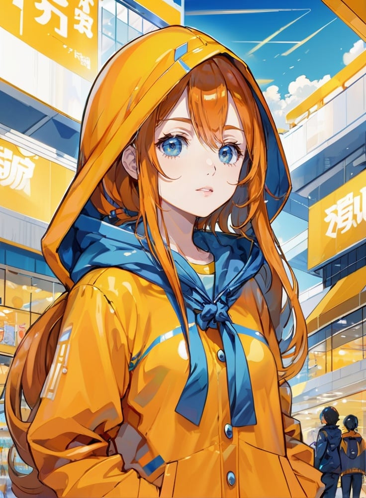 ((((best quality))), (((ultra detailed))), (((masterpiece))), illustration,(1girl:1.5),Perfect composition,Clear face, clear eyes,high res, 1girl, solo, very long hair, orange hair, medium breasts, floating hair,shiny skin, aqua eyes, beautiful eyes,upper body, serious,Silly hair,Yellow ribbon, looking to the side, orange hoodie,blue tie,floating tie,hooded jacket, hood up, profile, Colored clouds, shopping mall, anime,anime style