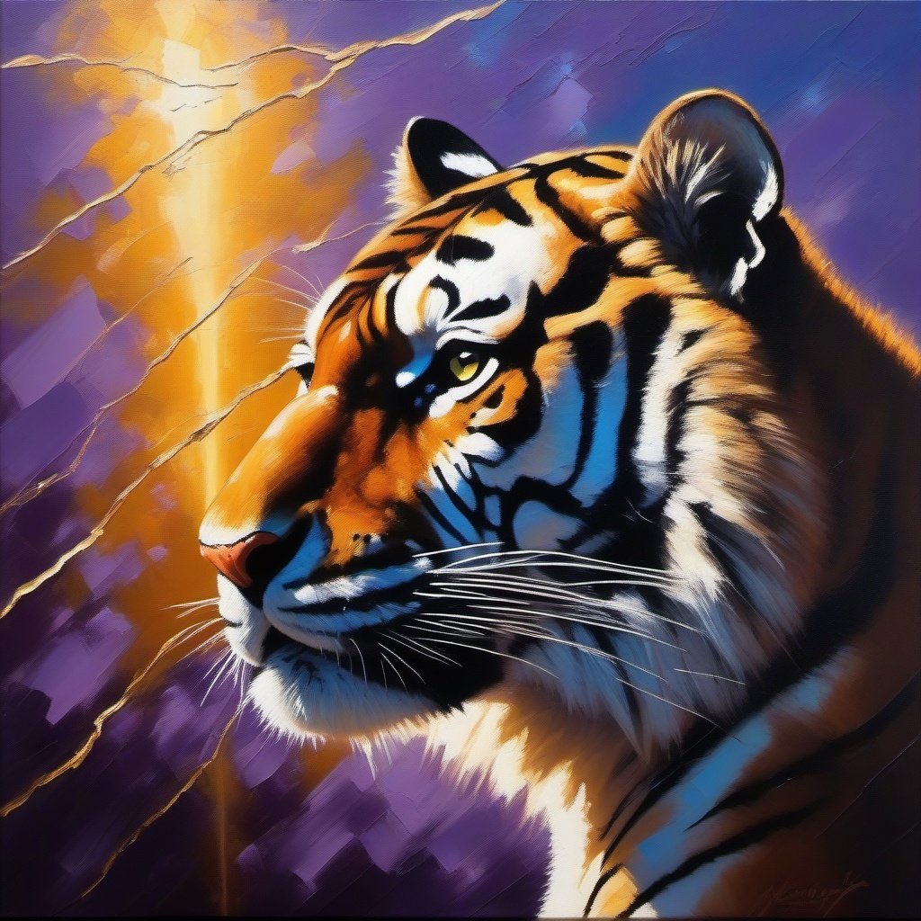  a low angle profile silhouette shot , a tiger, Palette knife oil painting ,backlit by a lightning storm  , hard rim lighting , hues of blue violet white amber, crepuscular light beams, dslr photography 