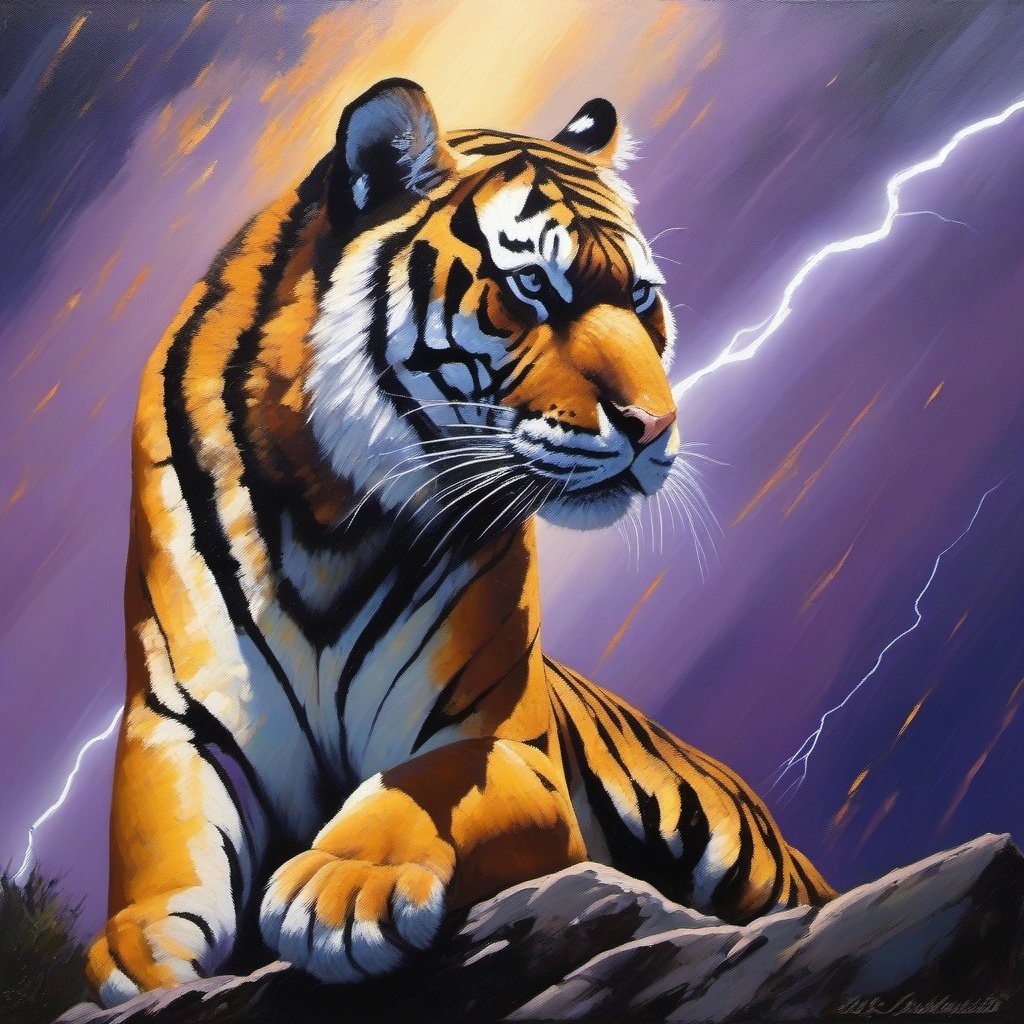  a low angle profile silhouette shot , a tiger, Palette knife oil painting ,backlit by a lightning storm  , hard rim lighting , hues of blue violet white amber, crepuscular light beams, dslr photography 