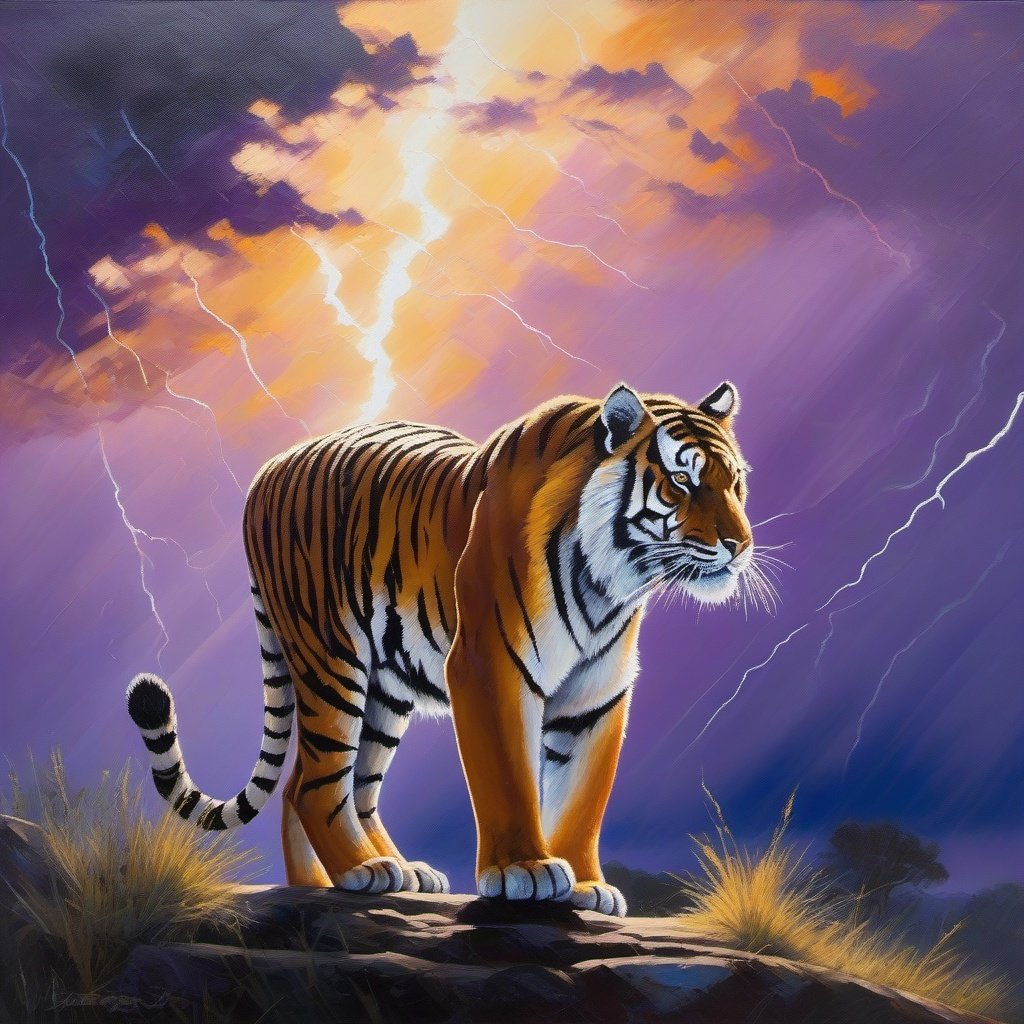  a low angle profile silhouette shot , a tiger, Palette knife oil painting ,backlit by a lightning storm  , hard rim lighting , hues of blue violet white amber, crepuscular light beams, dslr photography 