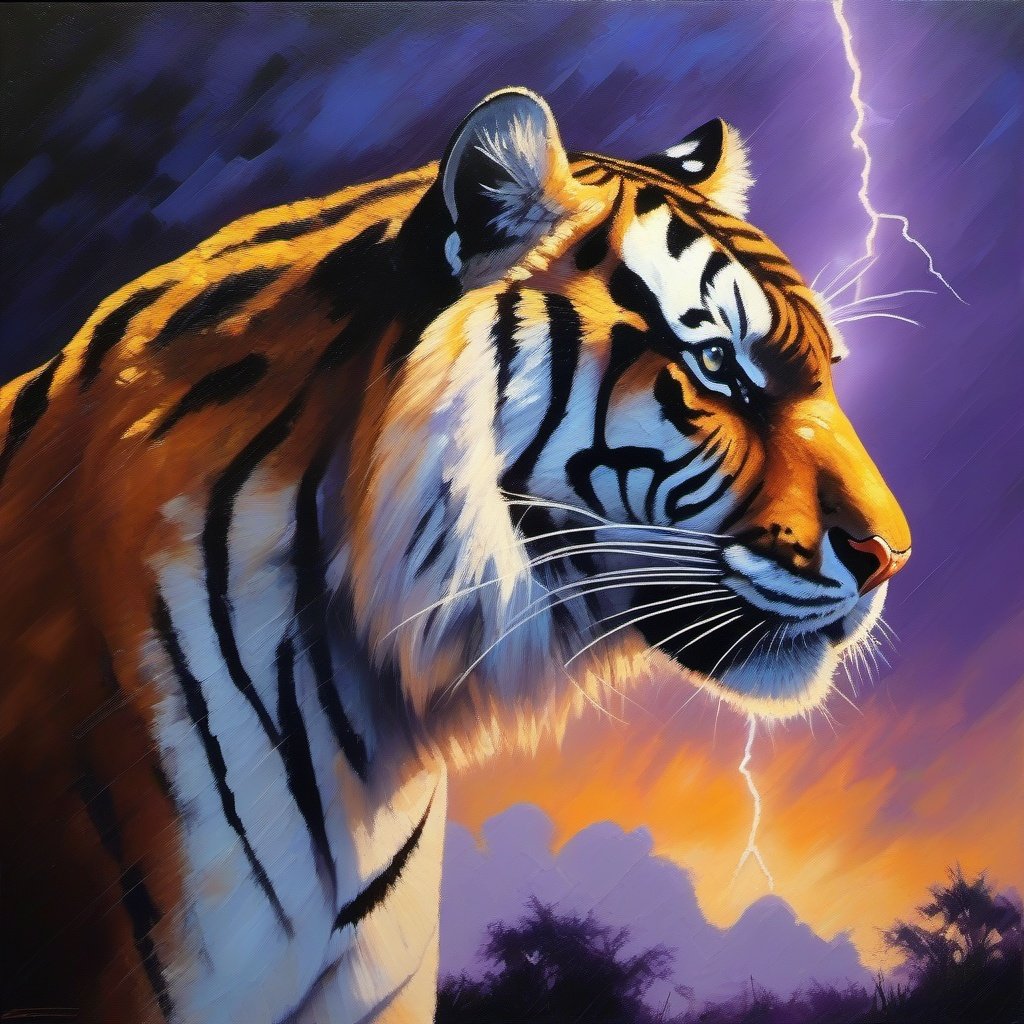  a low angle profile silhouette shot , a tiger, Palette knife oil painting ,backlit by a lightning storm  , hard rim lighting , hues of blue violet white amber, crepuscular light beams, dslr photography 