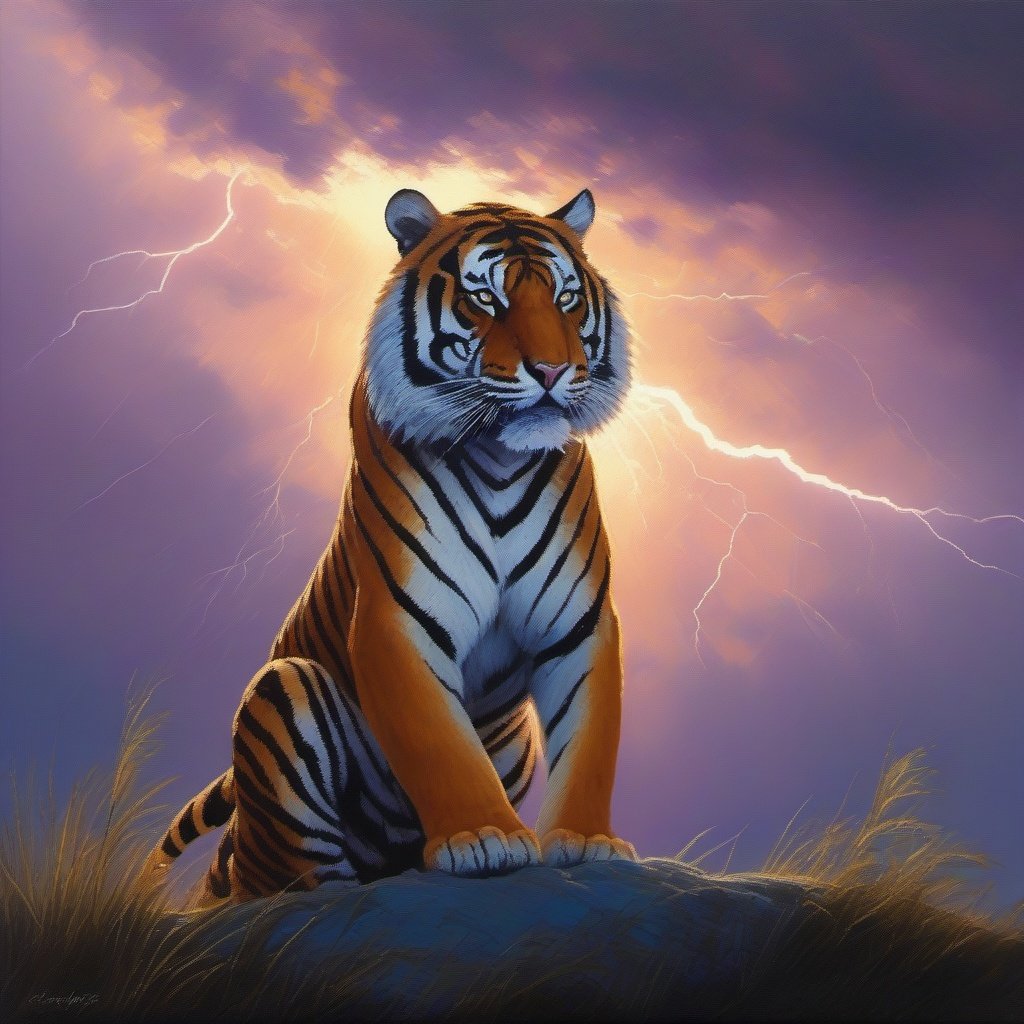  a low angle profile silhouette shot , a tiger, Palette knife oil painting ,backlit by a lightning storm  , hard rim lighting , hues of blue violet white amber, crepuscular light beams, dslr photography 