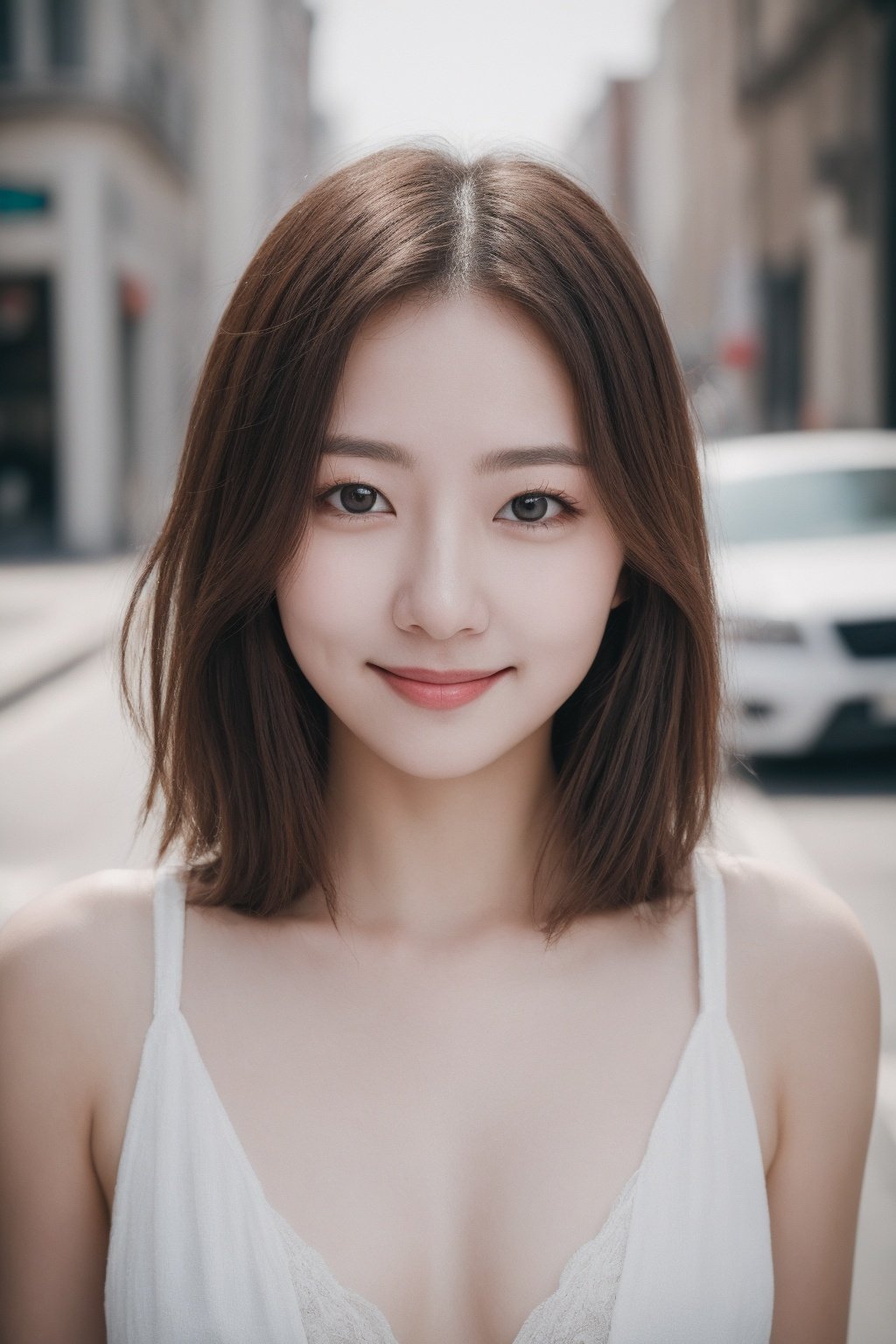 (masterpiece:1.2), (best quality:1.2), (very cute:1.2),(realistic:1.2),(summer:1.2),brown eyes, beautiful detailed eyes, cute face, looking at viewer, seductive smile, city, in the street,standing,smile, RAW photo, subject, (high detailed skin:1.2), 8k uhd, dslr, soft lighting, high quality, film grain,