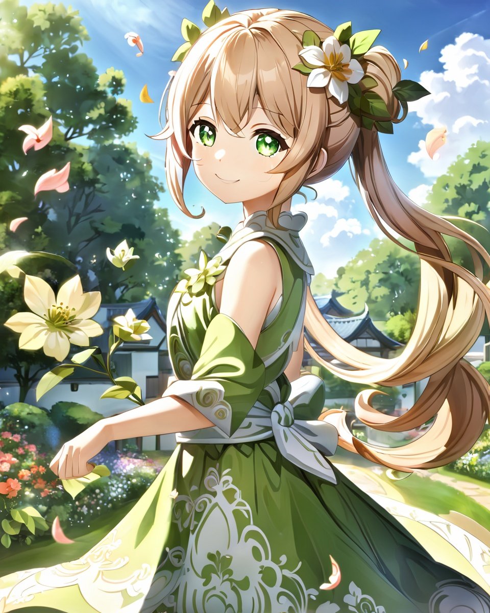 1girl, nahida (genshin impact), solo, outdoors, dress, smile, flower, green eyes, symbol-shaped pupils, side ponytail, 