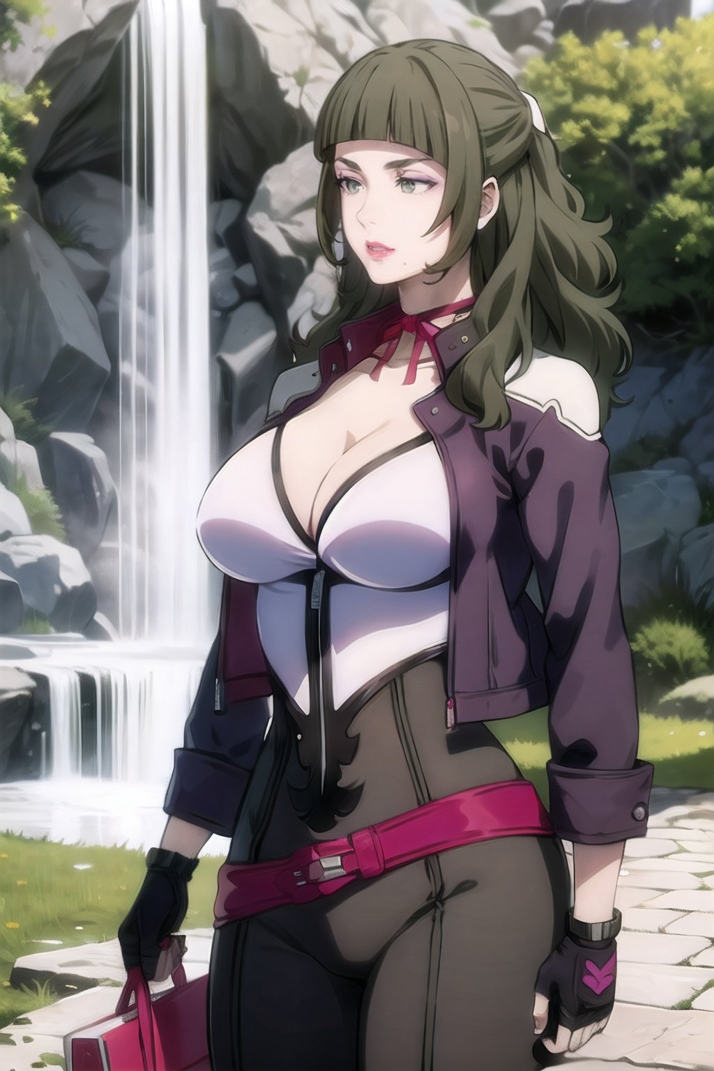 Chiaki_Garo_aiwaifu,aiwaifu,long hair,makeup,lipstick,bangs,blunt bangs,green hair,cleavage,large breasts,gloves,choker,green eyes,half updo,lips,eyebelt,black gloves,bodysuit,jacket,collarbone,ribbon,fingerless gloves,ponytail,red lips,earrings,jewelry,neck ribbon,pants,ribbon choker,thick eyebrows,headband,purple jacket,center opening,masterpiece,best quality,ultra detailed, 8k, 4k,highly detailed, scenery, waterfall,