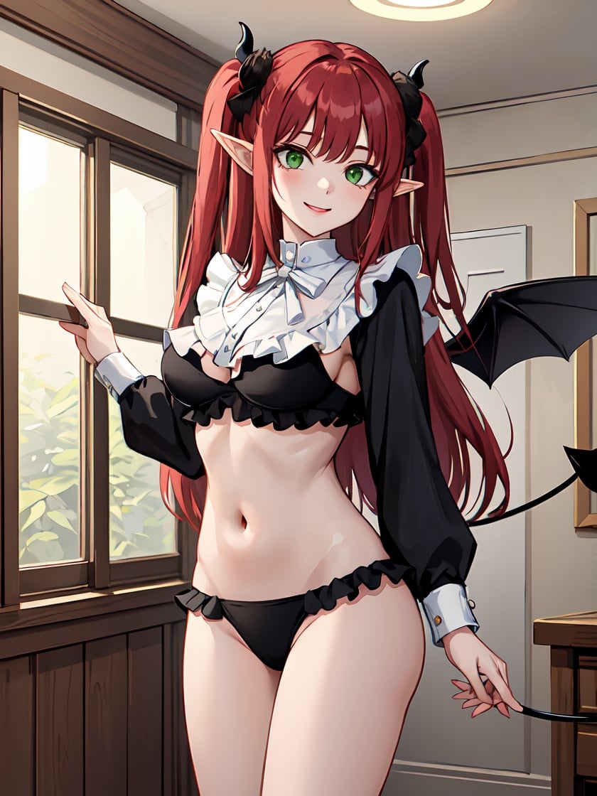 masterpiece, best quality, highres, kitagawa marin, 1girl, red hair, two side up, long hair, green eyes, pointy ears, demon horns, navel, demon tail, demon wings, long sleeves, frilled shirt collar, frilled panties, <lora:kitagawa_marin_v1-1:0.7>, smile, cowboy shot, indoors, straight-on, arms at sides, large breasts,