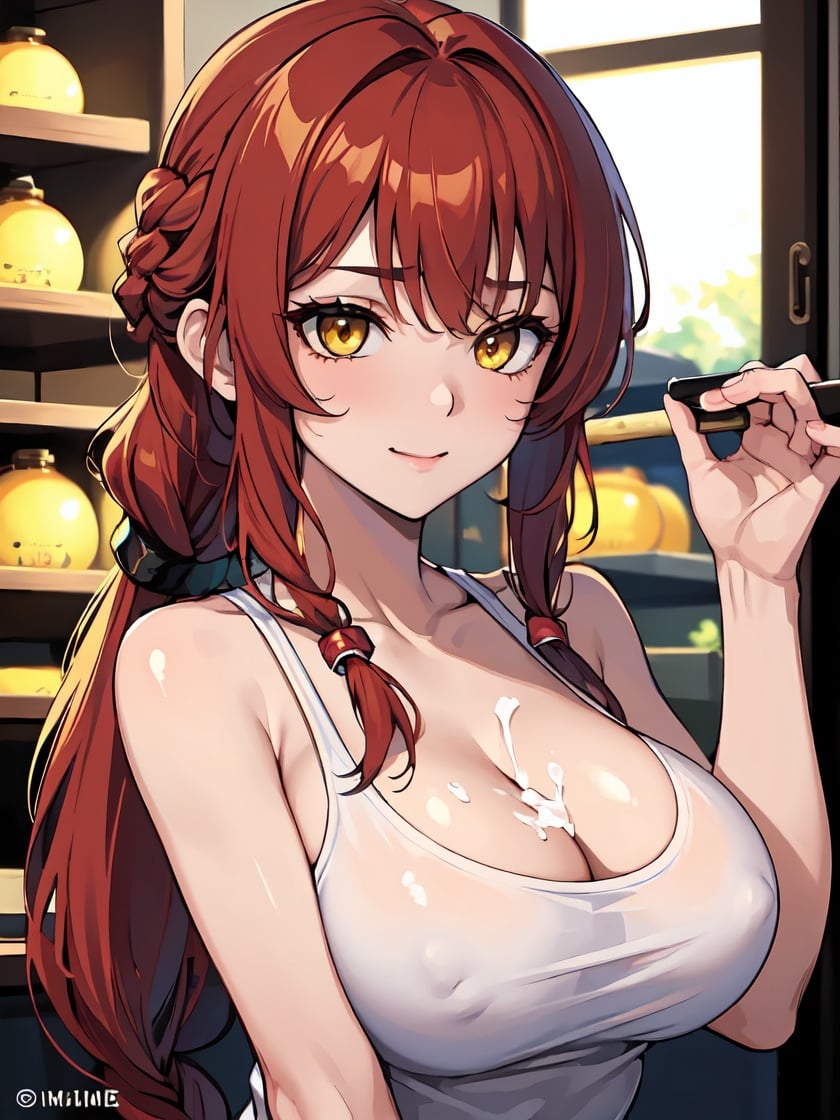 ((masterpiece)), (best quality), beautiful, extremely detailed face, perfect lighting,ultra-detailed,((expressionless)),((cold attitude)),((tsurime)),((tareme)),breasts,((Mature female)),((gym storeroom))makima, long hair, smile, bangs, (big breasts:1.2), (yellow eyes:1.2), braid, red hair, braided ponytail, ringed eyes,1girl, (multiple penises:1.0), (surrounded:1.0), (too_many:1.0), (multiple boys:1.0), face, close-up, penis on face,,((cum)), ((cum on face))