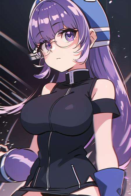 gluko, <lora:glukotest:1>,gluko, long hair, bangs, very long hair, purple hair, low-tied long hair, (purple eyes:1.1), glasses, blunt bangs, round eyewear, (large breast:1.2),BREAK thighhighs, gloves, underwear, panties, black thighhighs, blue gloves, shirt, bare shoulders, short sleeves, glasses, helmet, blue headwear,BREAK looking at viewer,BREAK outdoors,BREAK <lora:GoodHands-vanilla:1>, (masterpiece:1.2), best quality, high resolution, unity 8k wallpaper, (illustration:0.8), (beautiful detailed eyes:1.6), extremely detailed face, perfect lighting, extremely detailed CG, (perfect hands, perfect anatomy),