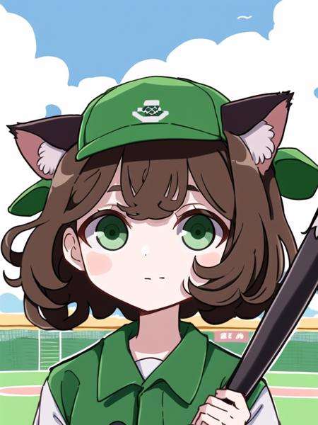 Masterpiece, best quality, best work, beautiful face, baseball outfit, baseball, holding baseball bat, 13 year old girl, petite, brown hair, green eyes, messy hair, detailed eyes, cat ears, colorful, colorized,