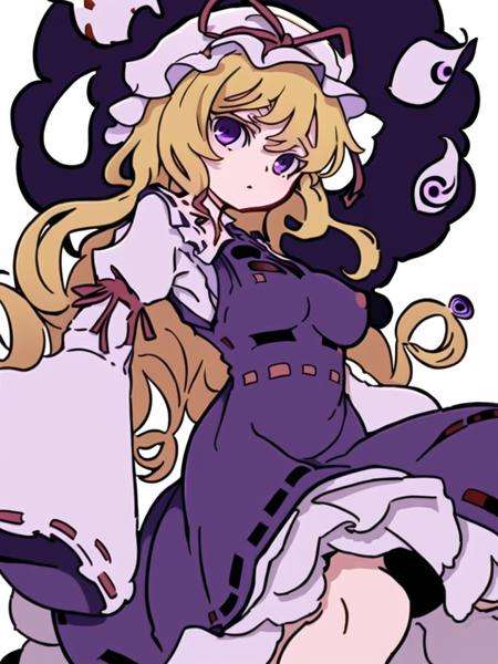 Masterpiece, best quality, best work,( yakumo yukari), (mob cap), purple eyes, blonde hair, purple dress, Victorian dress, bloomers, curvy, medium breasts,