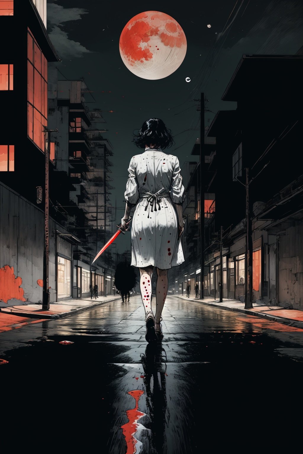 illustration, 2d art,abstract art, blood red theme,from back,noir theme, full body, woman with black hair, white dress, floating katana with blood dripping beside her,sword in hand, walking away,red blood splatter, dark night in street,red moon,tom richmond illustration