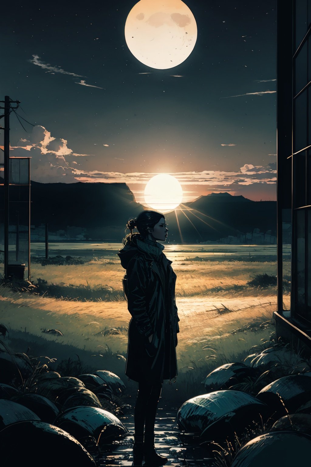 illustration, beautiful woman, standing under the sun, green scenery, blue sky, noir theme