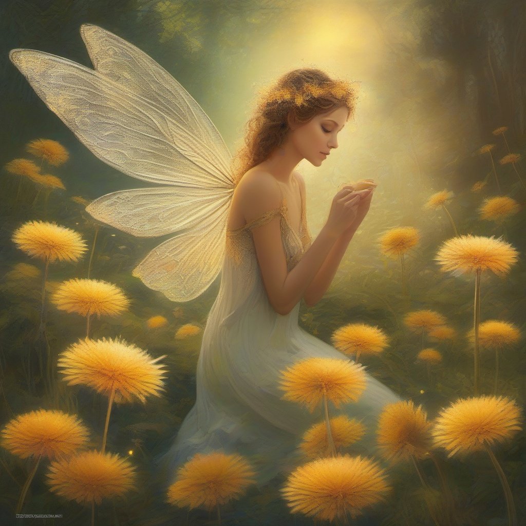 fairy spring , painting, golden lines ,  best quality,   fantasy,  detailed   well-dressed flying pixie garden faeries on a dandelion flowers ,  
dandelion  flowers  , sunrise ,   river , 2d, flat, cute, adorable, fairytale, storybook detailed,  illustration, cinematic,  ultra highly detailed  , tiny details, luminism, ,vibrant colors ,  complex background 