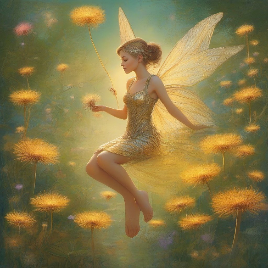 fairy spring , painting, golden lines ,  best quality,   fantasy,  detailed   well-dressed flying pixie garden faeries on a dandelion flowers ,  
dandelion  flowers  , sunrise ,   river , 2d, flat, cute, adorable, fairytale, storybook detailed,  illustration, cinematic,  ultra highly detailed  , tiny details, luminism, ,vibrant colors ,  complex background 
