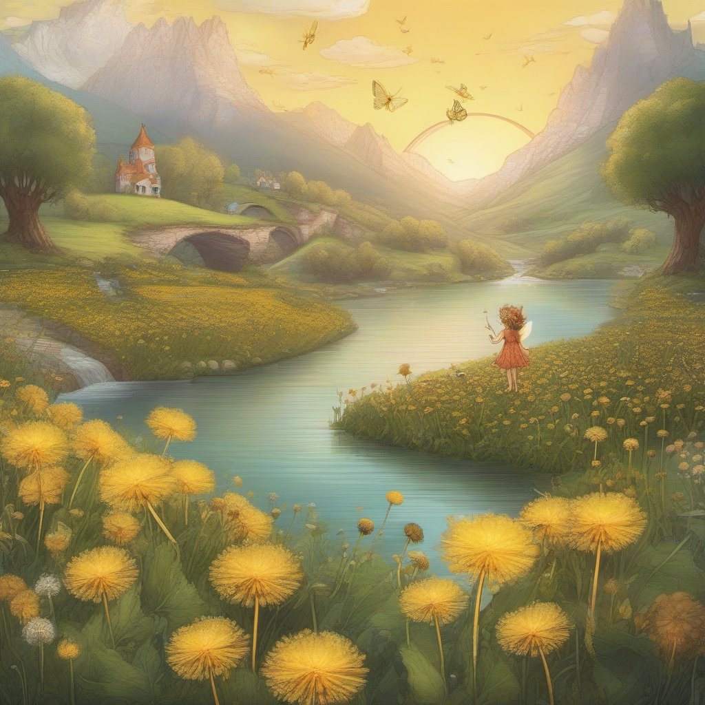 fairy spring , painting, golden lines ,  best quality,   fantasy,  detailed   well-dressed flying pixie garden faeries on a dandelion flowers ,  
dandelion  flowers  , sunrise ,   river , 2d, flat, cute, adorable, fairytale, storybook detailed,  illustration, cinematic,  ultra highly detailed  , tiny details, luminism, ,vibrant colors ,  complex background , ultra clear , unreal engine 5