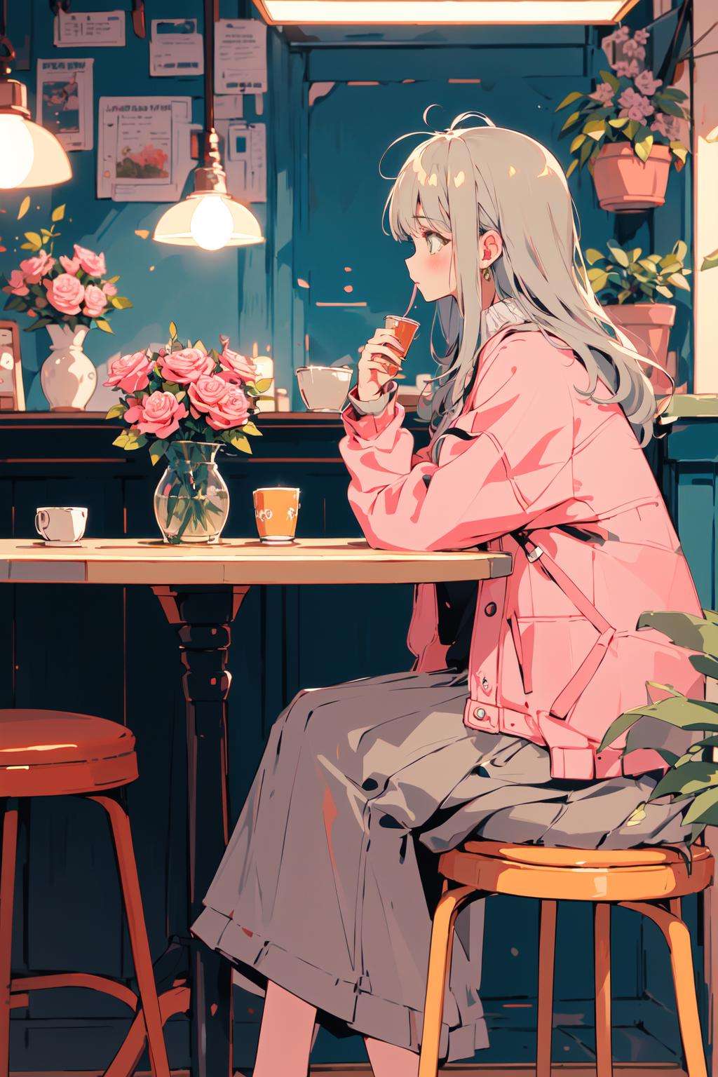 (masterpiece:1.2), best quality,PIXIV,flot,1girl, solo, sitting, long hair, flower, chair, food, pink flower, cup, holding, long sleeves, pink skirt, rose, skirt, jacket, grey hair, table, pink rose, indoors, blush, bangs, plant, holding cup, yellow jacket, profile, coat, long skirt, vase <lora:flot_20230812195155:0.8>