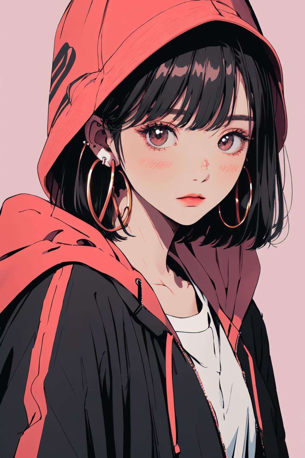 (masterpiece:1.2), best quality,PIXIV,flot,1girl, solo, black hair, jewelry, pink background, earrings, upper body, short hair, looking at viewer, hat, simple background, hood, jacket, red eyes, bangs, hoop earrings, piercing, closed mouth, hood down, makeup, hooded jacket <lora:flot_20230812195155-000018:1>