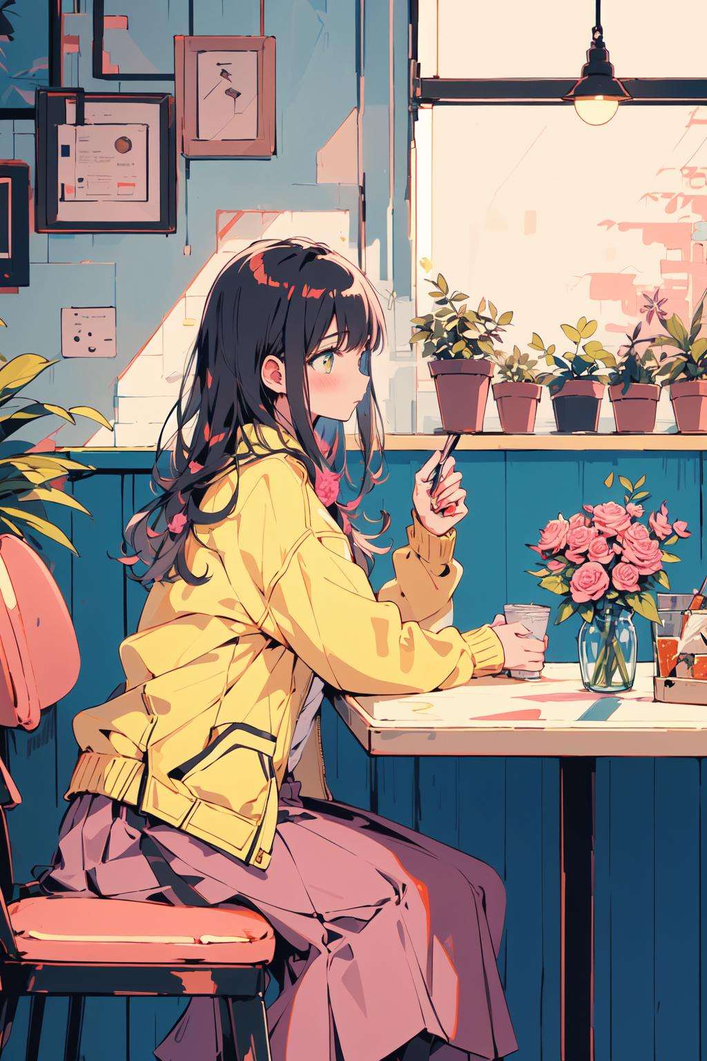 (masterpiece:1.2), best quality,PIXIV,flot,1girl, solo, sitting, long hair, flower, chair, food, pink flower, cup, holding, long sleeves, pink skirt, rose, skirt, jacket, grey hair, table, pink rose, indoors, blush, bangs, plant, holding cup, yellow jacket, profile, coat, long skirt, vase <lora:flot_20230812195155:0.8>