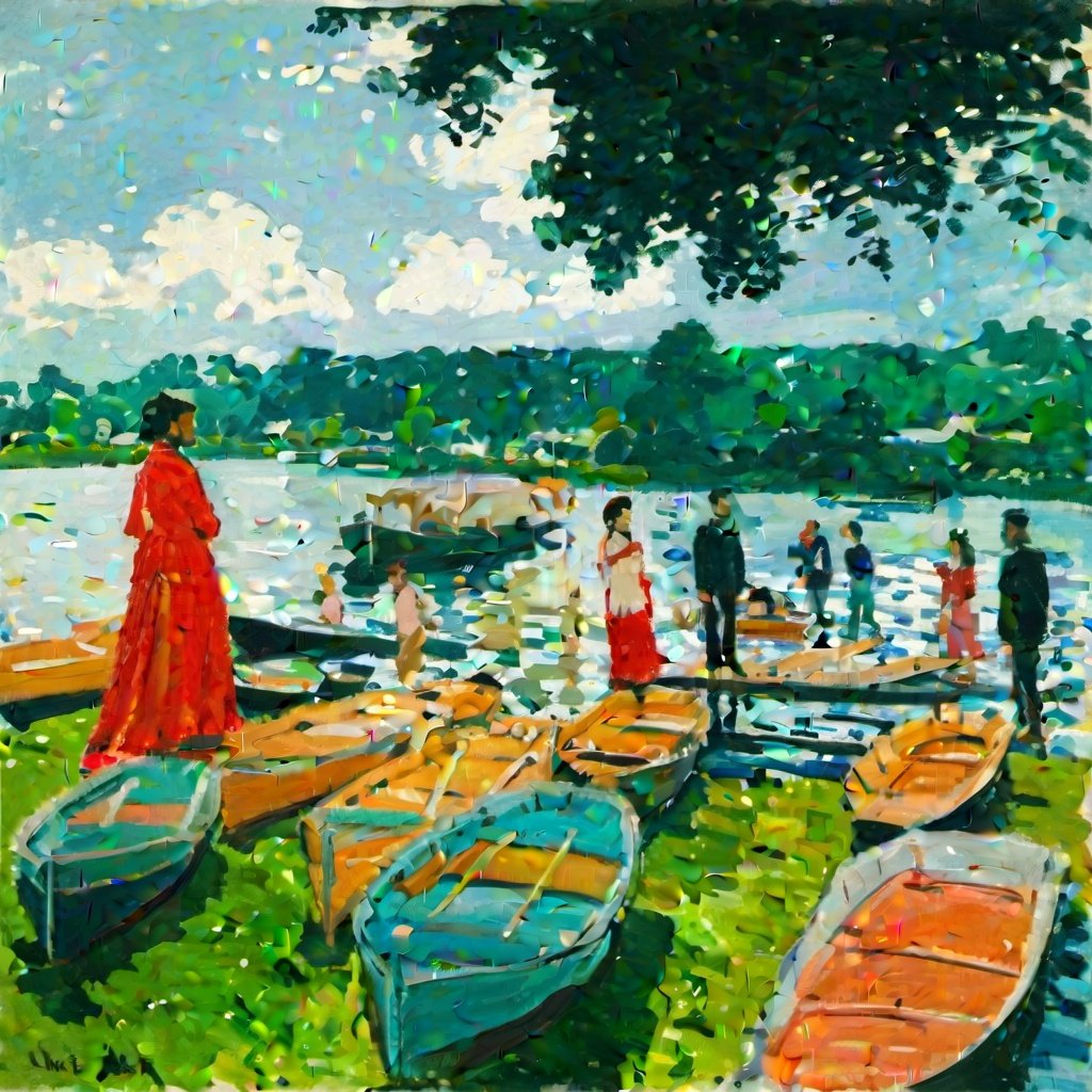 outdoors, dress, tree, multiple boys, scenery, watercraft, multiple girls, boat, painting (medium), traditional media, day, 1girl, black hair, faux traditional media, nature, standing, <lora:monai_sdxl_v2:1>