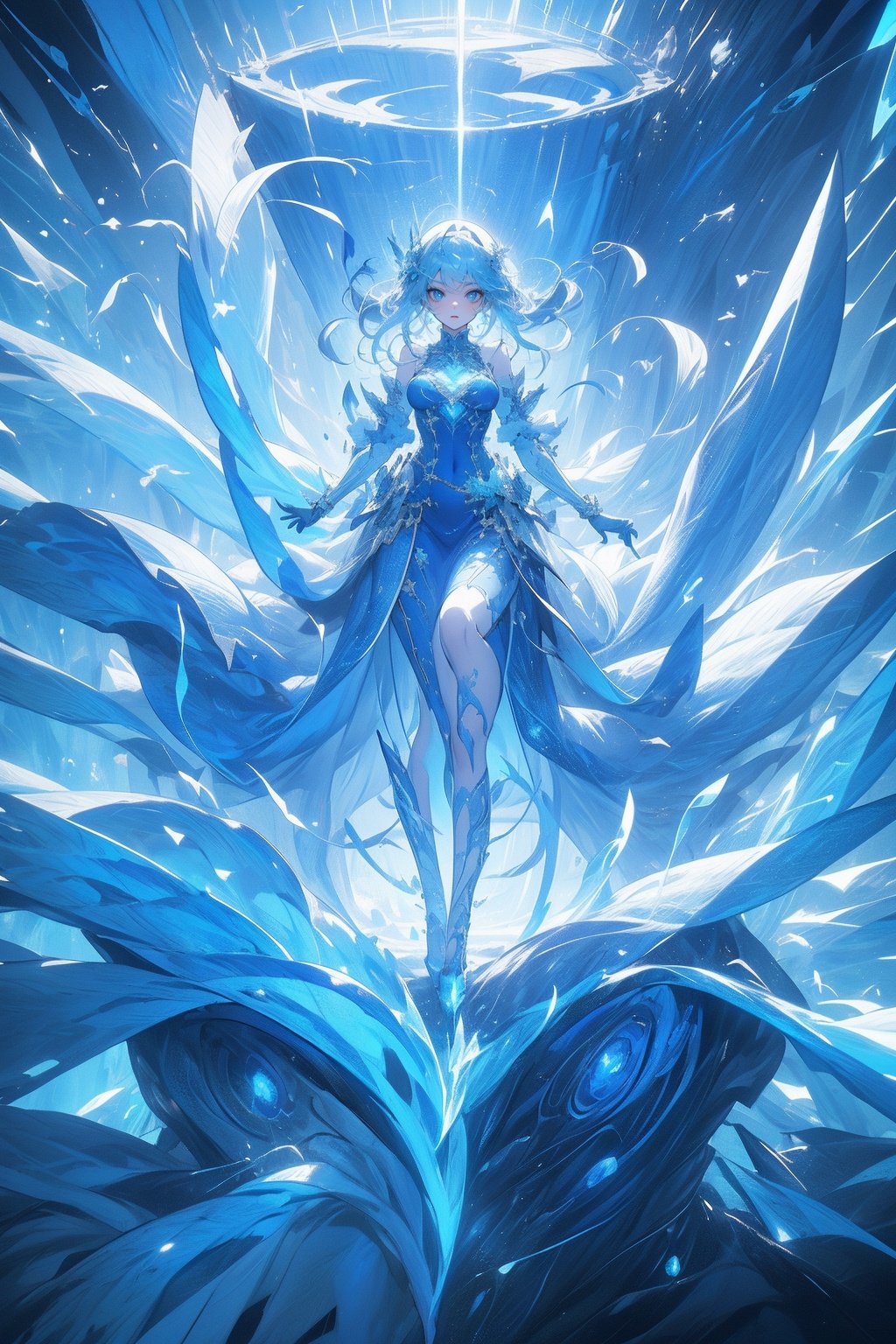 ,(((masterpiece,best quality))),((good structure,Good composition,good atomy)), ((clear, original,beautiful)),as,fantasy,(white  blue theme:1.3),1girl,outdoors,dress,girl,monstergirl,(ice theme:1.3),solo,