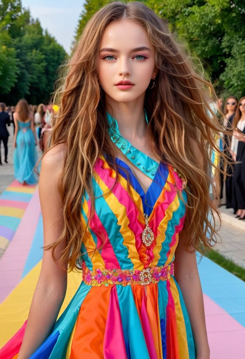 1girl, Stunningly Beautiful Girl, Haute_Couture, designer dress, wearing Haute_Couture, posing for a picture, fashion show, long ringlets, catwalk \(walkway\),  , colorful, vivid colors, masterpiece, best quality, absurdres, highest quality, amazing details, 8k, aesthetic, ,cutegirlmix,kristinapimenova