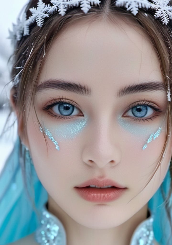 (xxmix_girl), with skin radiant as the first snow under moonlight, hair cascading like a waterfall of liquid silver, eyes of piercing cerulean reminiscent of polar ice, detailed eyes, draped in a flowing gown of translucent aqua and silver that seems to merge with the environment, set against the ethereal backdrop of an ice cave, iridescent icicles dangling like nature's chandeliers, a gentle aura of frost in the air, every movement resonating with the harmonious song of winter, (best shadow, dramatic lighting), (masterpiece), (best quality).

,kristinapimenova