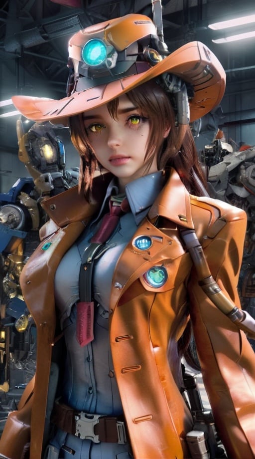 HZ Steampunk, (Space Cowgirl:1.4), (trenchcoat:1.4), (cowboy hat:1.4), Gundam armor and glowing accents. mecha, bodysuit, (beautiful detailed eyes, symmetrical eyes, (detailed face), dramatic lighting, (photorealism, photorealistic:1.4), (8k, RAW photo, masterpiece), High detail RAW color photo, realistic, (highest quality), (best shadow), (best illustration), ultra high resolution, highly detailed CG unified 8K wallpapers, physics-based rendering, hyperrealism, rich colors, hyper-realistic lifelike texture, cinestill 800),  heavy strokes, paint dripping,dashataran,3d style,cyborg style,cyborg,elina