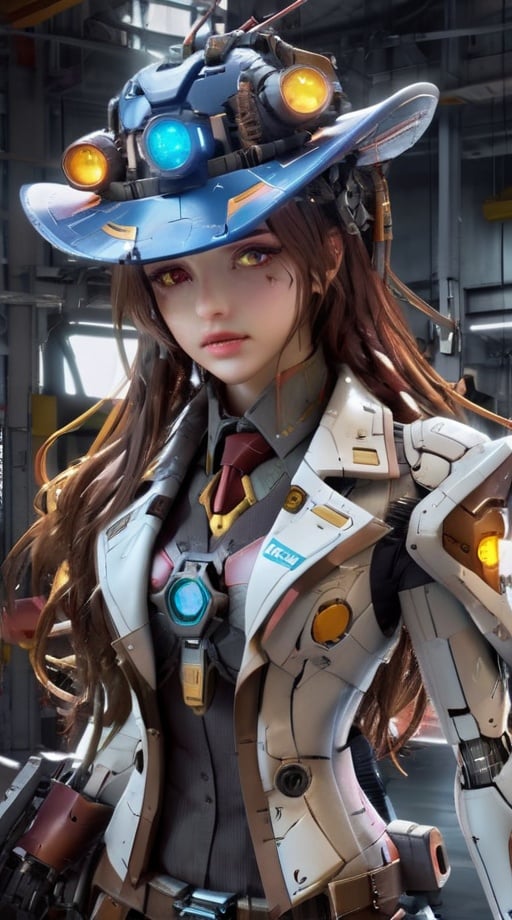 HZ Steampunk, (Space Cowgirl:1.4), (trenchcoat:1.4), (cowboy hat:1.4), Gundam armor and glowing accents. mecha, bodysuit, (beautiful detailed eyes, symmetrical eyes, (detailed face), dramatic lighting, (photorealism, photorealistic:1.4), (8k, RAW photo, masterpiece), High detail RAW color photo, realistic, (highest quality), (best shadow), (best illustration), ultra high resolution, highly detailed CG unified 8K wallpapers, physics-based rendering, hyperrealism, rich colors, hyper-realistic lifelike texture, cinestill 800),  heavy strokes, paint dripping,dashataran,3d style,cyborg style,cyborg,elina