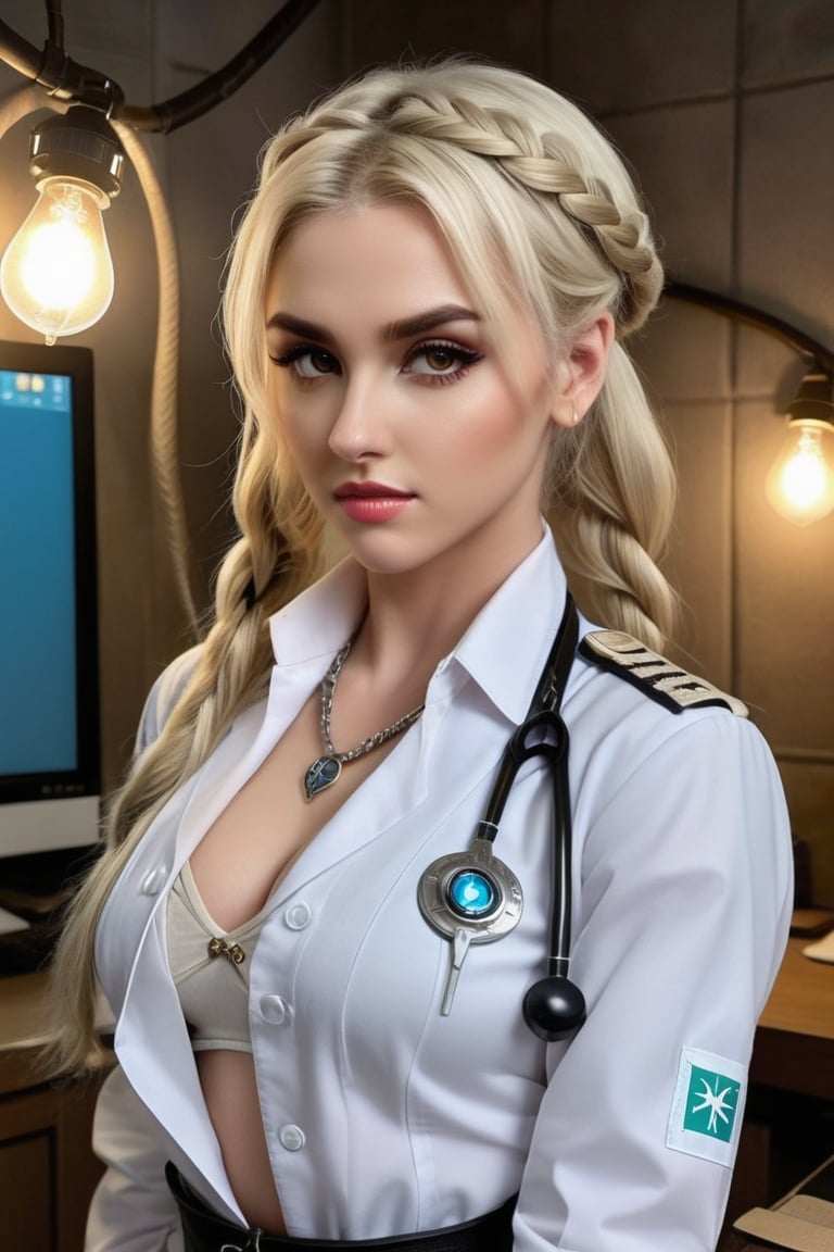 woman doctor , fr3yaallan as barbarian shaman, fair skin, braided blonde hair, furrowed brow, dynamic pose, cleavage, white doctor uniform , shirt,hopital, from above, stunning intricate photo, dynamic pose, nocturne dreamy serene atmosphere, flickering light, photorealistic, epic realistic, soft cinematic light, warm lights, dramatic light, depth of field, faded, low saturation, muted colors, complex background, hyperdetailed, hyperrealism, (skin texture:1.2), sharp focus on eyes. film grain ,dashataran,elina