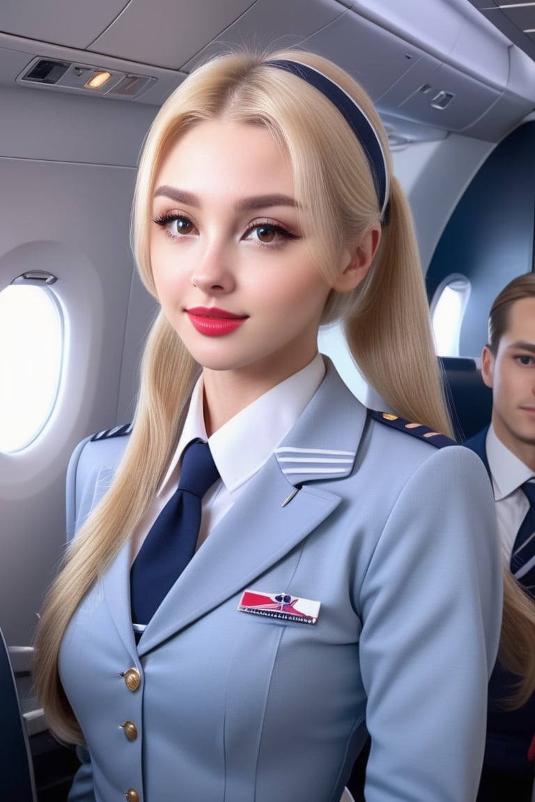 Habsome stewardess with long blonde hair and a ponytail in stewardess uniform,flirting,photo realistic,4k details,ultra details,dynamic lighting,cinematic,8k ultra fine detail,masterpiece,elina,Movie Still