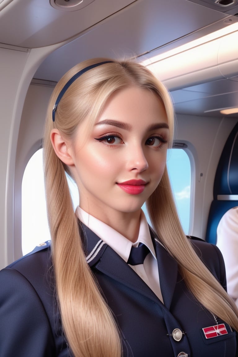 Habsome stewardess with long blonde hair and a ponytail in stewardess uniform,flirting,photo realistic,4k details,ultra details,dynamic lighting,cinematic,8k ultra fine detail,masterpiece,elina,Movie Still