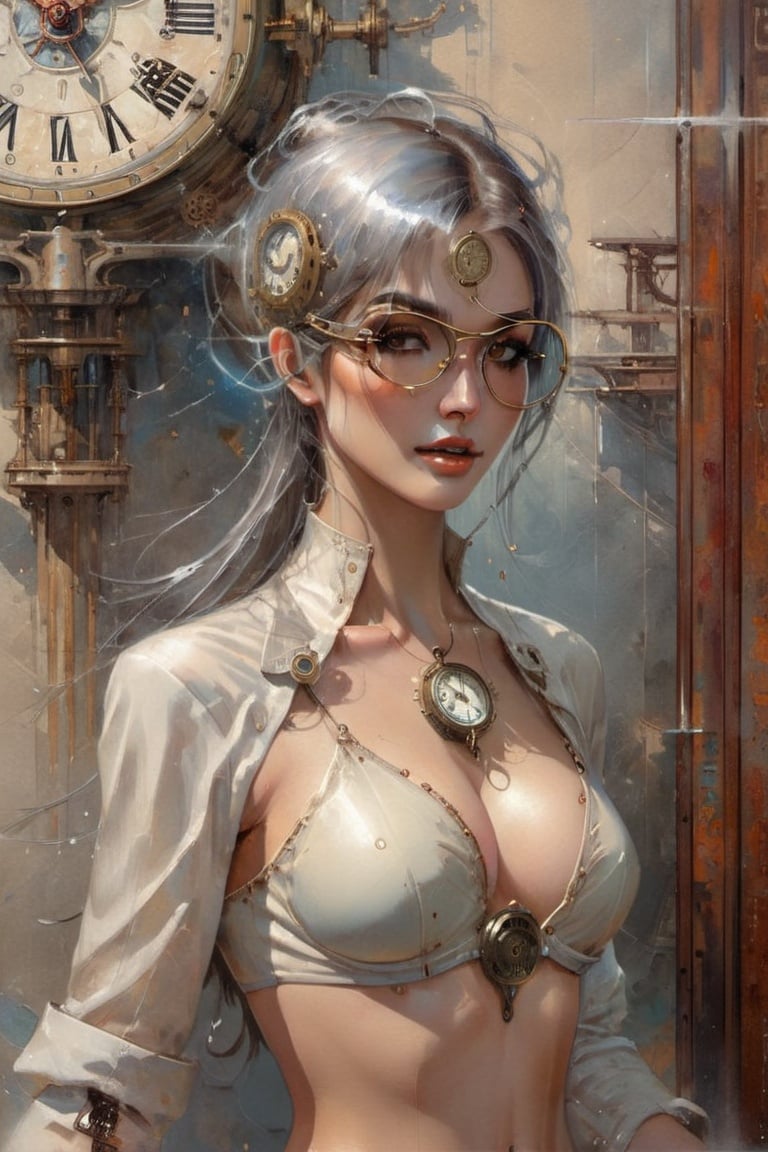 olpntng style, high quality steampunk portrait of the woman called Goddess Time with a clock for a head played by Sam Elliott, large-breasts, deep cleavage, sexy look, unbuttoned clothes, clock goggles, amazing background, by tomasz alen kopera and peter mohrbacher, dripping sparks, rain, sharp focus, clear, vibrant, denoised, intricately detailed, amazing clock, 8k, steampunk clock render engine, oil painting, heavy strokes, paint dripping,HZ Steampunk,dashataran,3d style,beautymix,elina