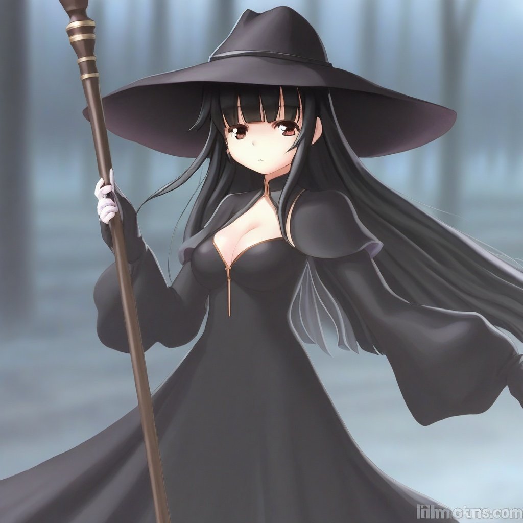 ogc,1girl, bangs, black_dress, black_hair, blurry, blurry_background, blurry_foreground, breasts, closed_mouth, depth_of_field, dress, hat, holding, holding_staff, long_hair, long_sleeves, outdoors, solo, staff, very_long_hair, wide_sleeves