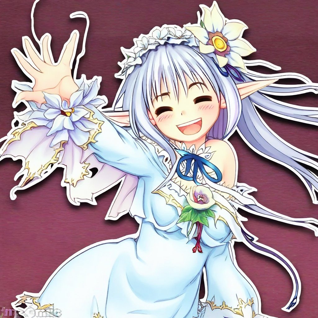 ogc,1girl, bangs, dress, elf, eyebrows_visible_through_hair, flower, hair_flower, hair_ornament, long_hair, looking_at_viewer, magic_circle, open_mouth, outstretched_arm, pointy_ears, red_eyes, ribbon, silver_hair, smile, solo, upper_body