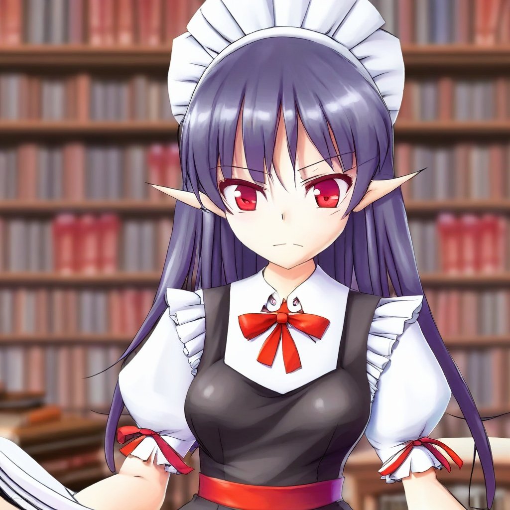 ogc,1girl, apron, blurry, blurry_background, blurry_foreground, book, bookshelf, breasts, depth_of_field, dress, long_hair, looking_at_viewer, maid, maid_headdress, pointy_ears, purple_hair, red_eyes, red_ribbon, ribbon, solo