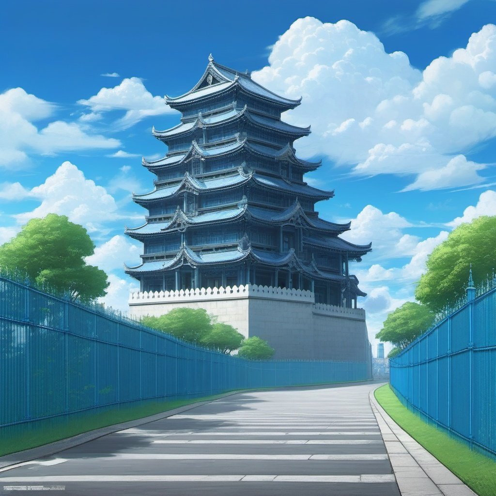 background,architecture, blue_sky, building, chain-link_fence, city, cityscape, cloud, cloudy_sky, day, east_asian_architecture, fence, house, mountain, no_humans, outdoors, pavement, real_world_location, road, scenery, shrine, sky, skyscraper, street, tower, tree, wall
