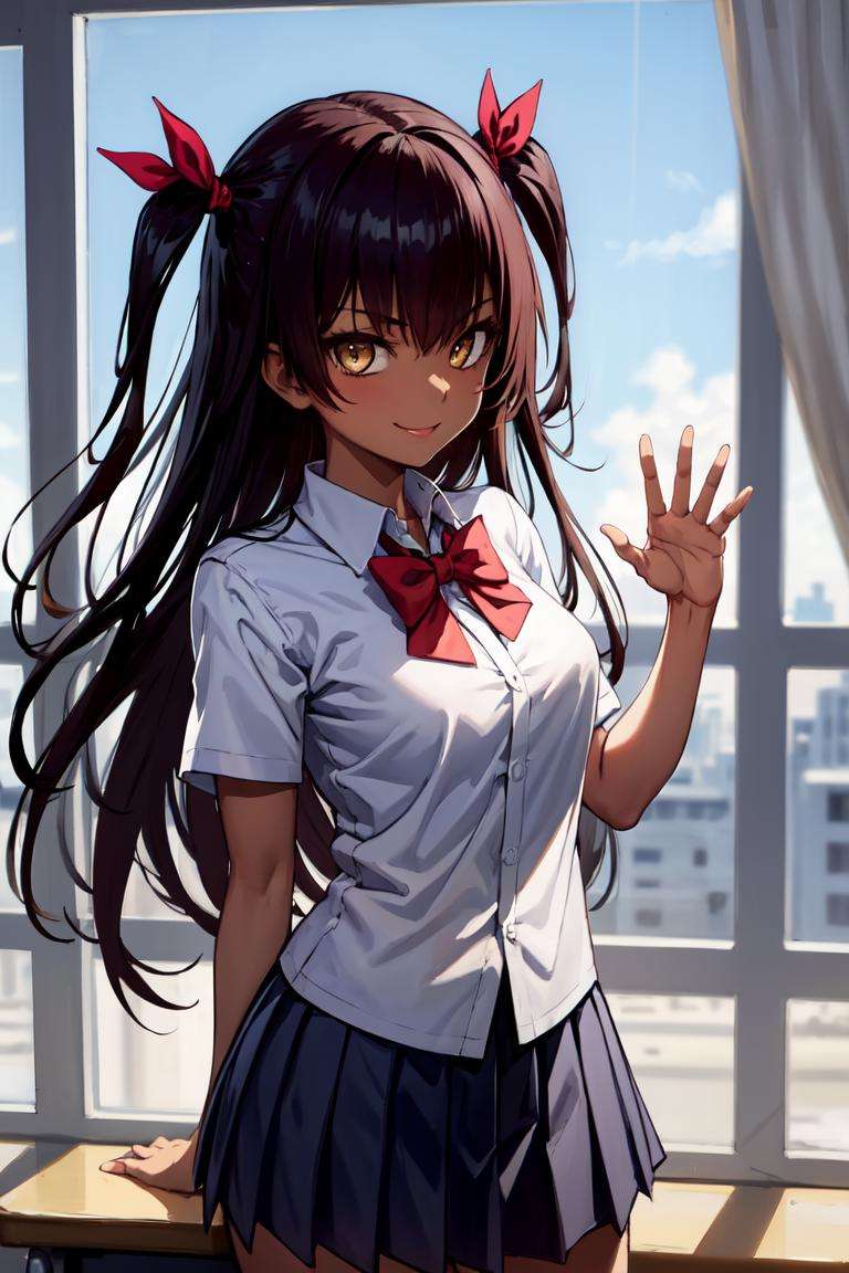 masterpiece, best quality, absurdres, perfect anatomy, 1girl, solo, MasterNemesis, dark skin, long hair, two side up, hair ribbon, classroom, window, school uniform, dress shirt, pleated skirt, waving at viewer, smile, <lora:MasterNemesis:1>