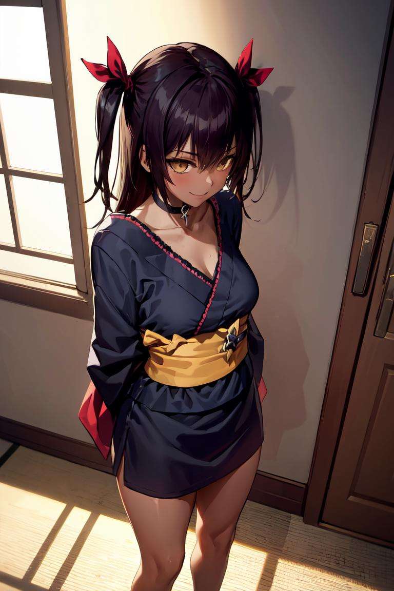 masterpiece, best quality, absurdres, perfect anatomy, 1girl, solo, MasterNemesis, dark skin, long hair, two side up, hair ribbon, choker, black kimono, sash, smile, standing, arms behind back, indoors, japanese room, cowboy shot, <lora:MasterNemesis:1>