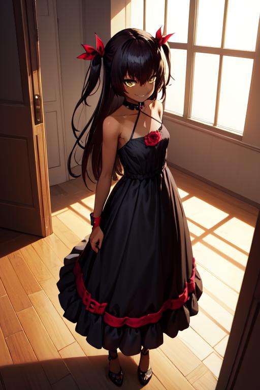 masterpiece, best quality, absurdres, perfect anatomy, 1girl, solo, MasterNemesis, dark skin, long hair, two side up, hair ribbon, elegant, long dress, black dress, halterneck, smile, indoors, palace, jewelry, standing, <lora:MasterNemesis:1>