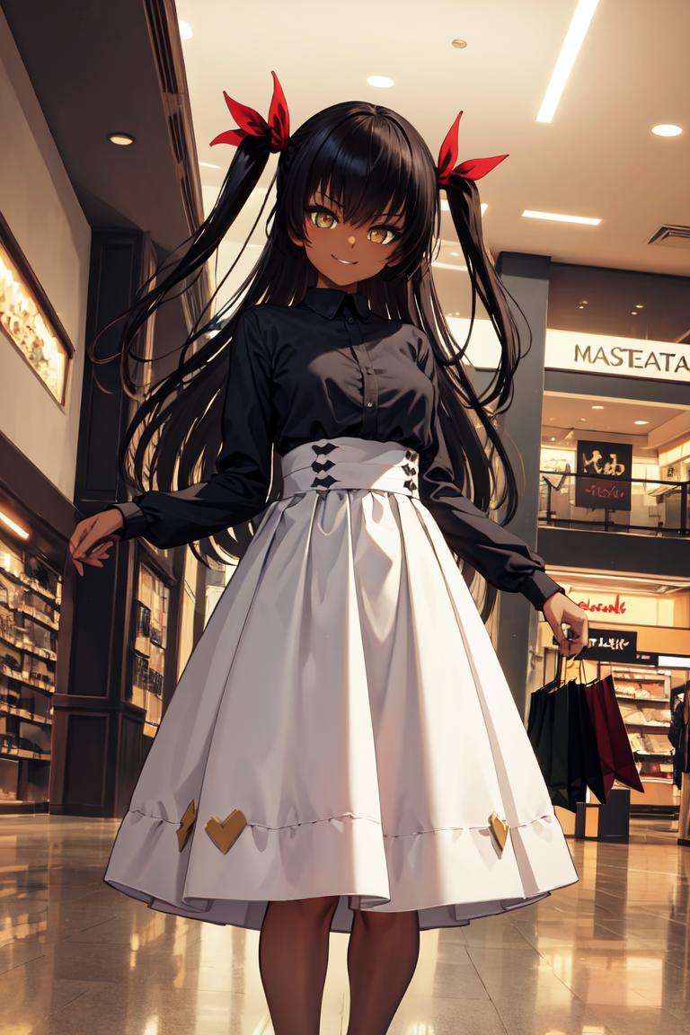 masterpiece, best quality, absurdres, perfect anatomy, 1girl, solo, MasterNemesis, dark skin, long hair, two side up, hair ribbon, high-waist skirt, long skirt, white skirt, black shirt, long sleeves, smile, standing, indoors, shopping mall, <lora:MasterNemesis:1>