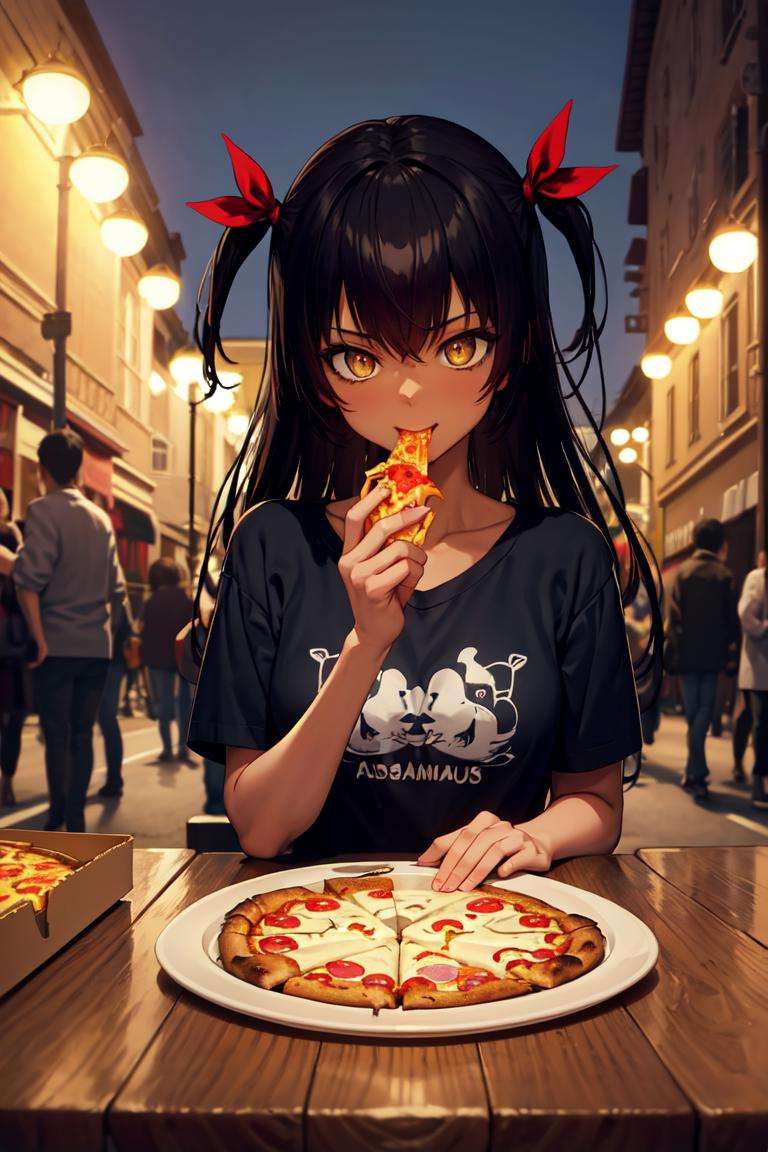 masterpiece, best quality, absurdres, perfect anatomy, 1girl, solo, MasterNemesis, dark skin, long hair, two side up, hair ribbon, t-shirt, eating, table, upper body, pizza, happy, lamp, outdoors, street, lamppost, <lora:MasterNemesis:1>