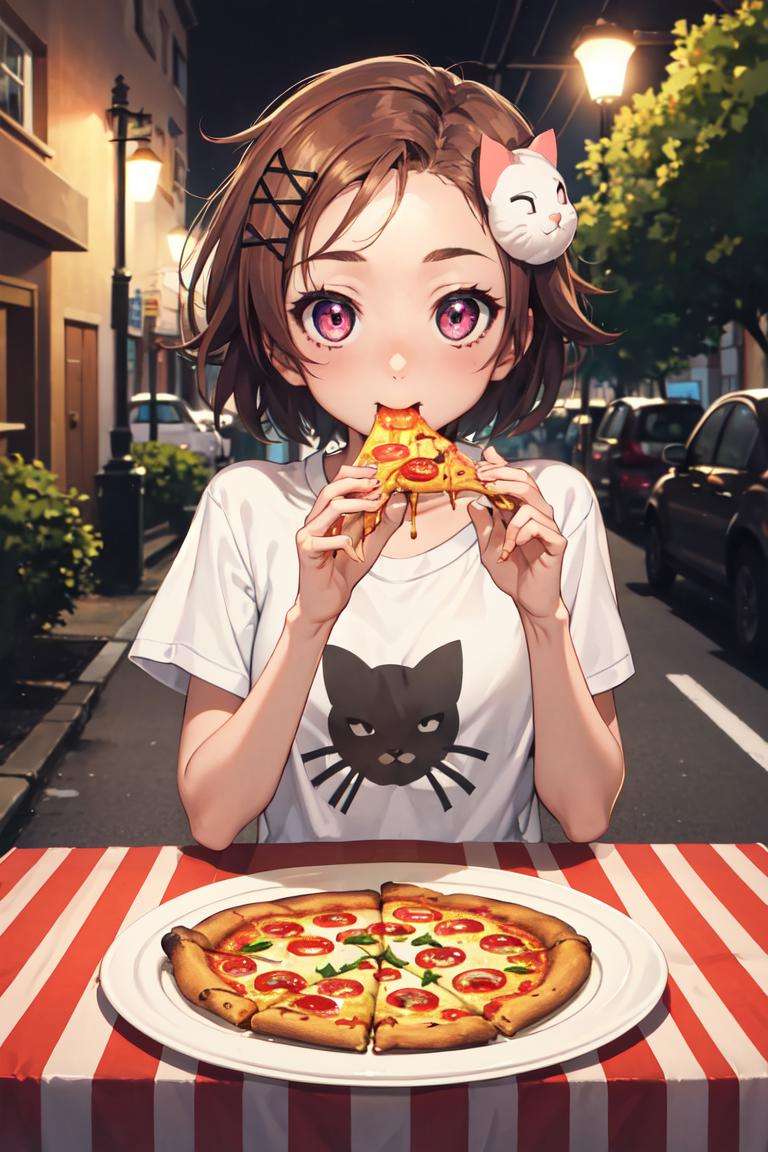 masterpiece, best quality, absurdres, perfect anatomy, 1girl, solo, KurashimaChiyuri, short hair, cat hair ornament, t-shirt, eating, table, upper body, pizza, happy, lamp, outdoors, street, lamppost, <lora:KurashimaChiyuri:1>