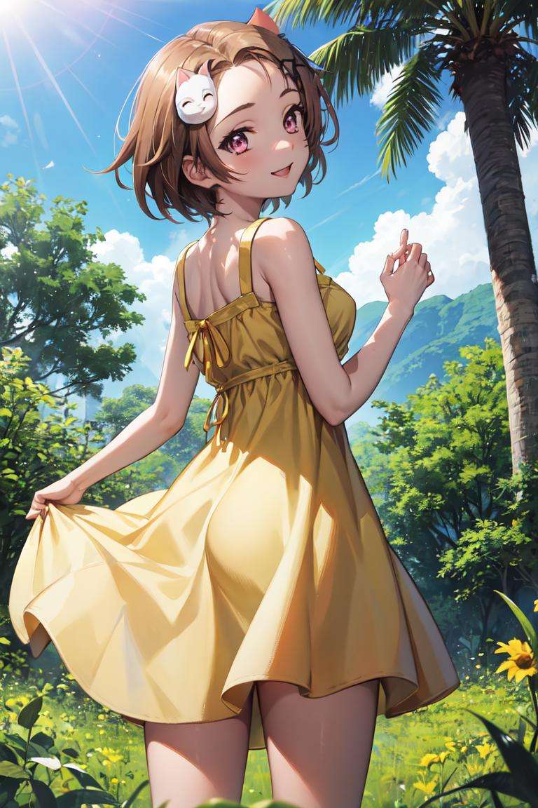 masterpiece, best quality, absurdres, perfect anatomy, 1girl, solo, KurashimaChiyuri, short hair, cat hair ornament, from behind, (yellow sundress), garden, day, sunshine, smile, looking back, <lora:KurashimaChiyuri:1>