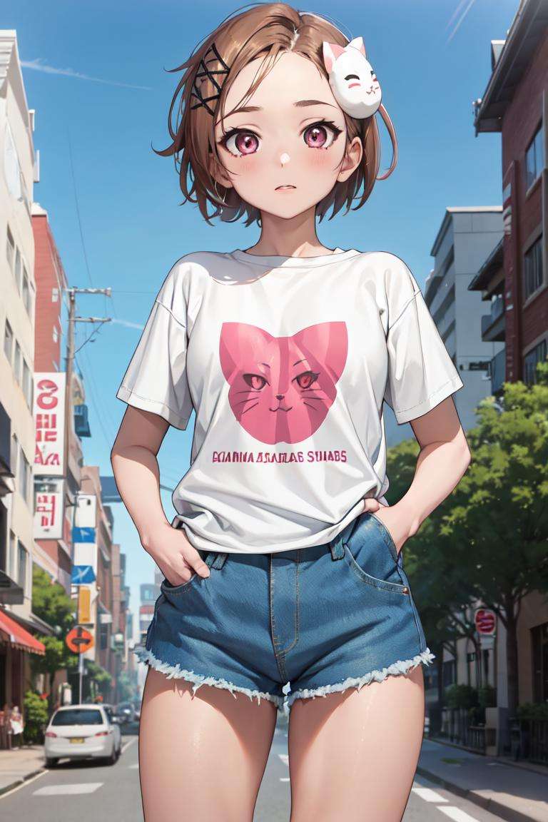 masterpiece, best quality, absurdres, perfect anatomy, 1girl, solo, KurashimaChiyuri, short hair, cat hair ornament, graphic tee, denim shorts, standing, outdoors, city, hands in pockets, <lora:KurashimaChiyuri:1>