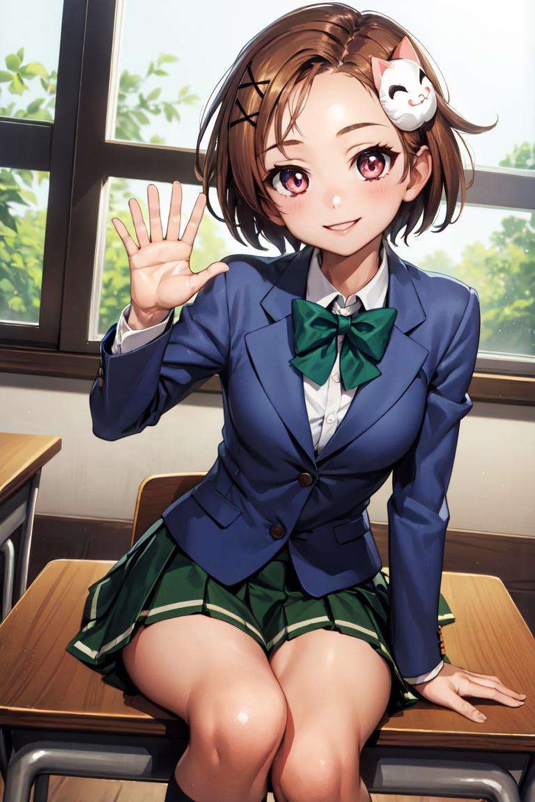 masterpiece, best quality, absurdres, perfect anatomy, 1girl, solo, KurashimaChiyuri, short hair, cat hair ornament, school uniform, blazer, pleated skirt, green skirt, sitting, chair, waving at viewer, classroom, window, smile, <lora:KurashimaChiyuri:1>