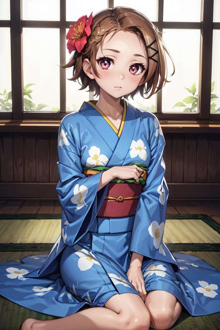 masterpiece, best quality, absurdres, perfect anatomy, 1girl, solo, KurashimaChiyuri, short hair, cat hair ornament, indoors, kimono, hair flower, floral print, wariza, sitting, hands on own knees, <lora:KurashimaChiyuri:1>