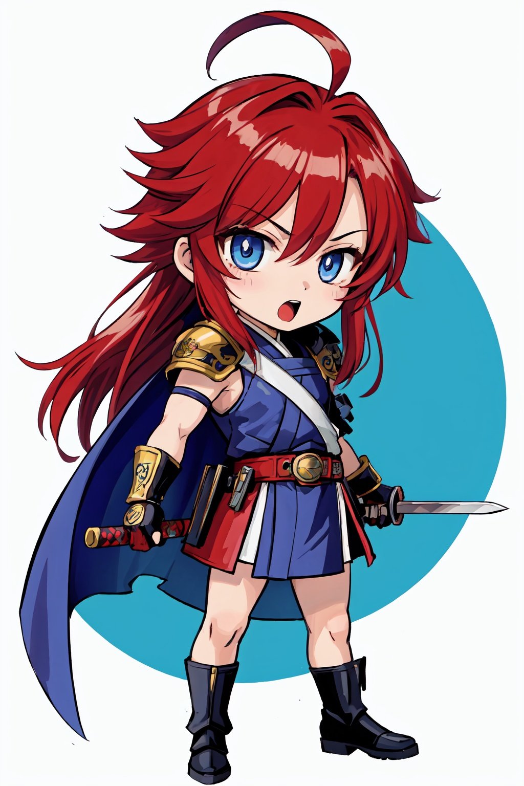 (best quality:1.2), (hyper detailed)(chibi:1.5)Kazushi Hagiwara, 1girl, 1boy, gloves, long hair, weapon, red hair, cape, fingerless gloves, white background, sword, retro artstyle, armor, open mouth, simple background, 1990s (style), elbow gloves, white hair, knife, sheath, pauldrons, shoulder armor, sheathed, boots, dagger, standing, blue eyes, holding, belt, holding weapon,