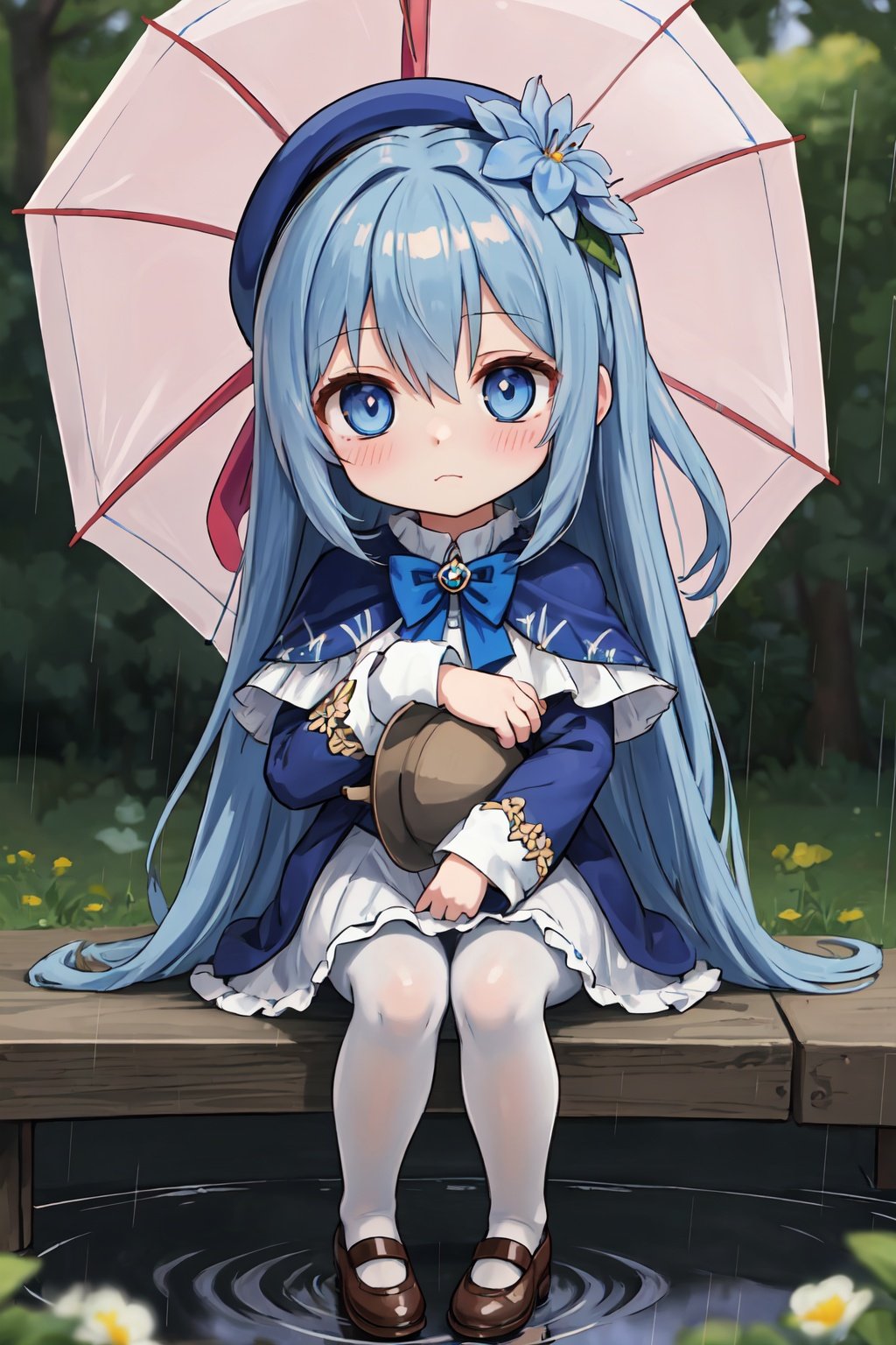 (best quality:1.2), (hyper detailed)(chibi:1.5)chibi, 1girl, solo, flower, blue eyes, umbrella, long hair, blue hair, blush, hair between eyes, rain, holding umbrella, bangs, white pantyhose, sitting, blue flower, pantyhose, holding, closed mouth, long sleeves, blurry, depth of field, bow, very long hair, blue bow, hat, brown footwear, hair flower, blurry background, hair ornament, shoes, outdoors, capelet, looking at viewer, water drop, blurry foreground, puddle