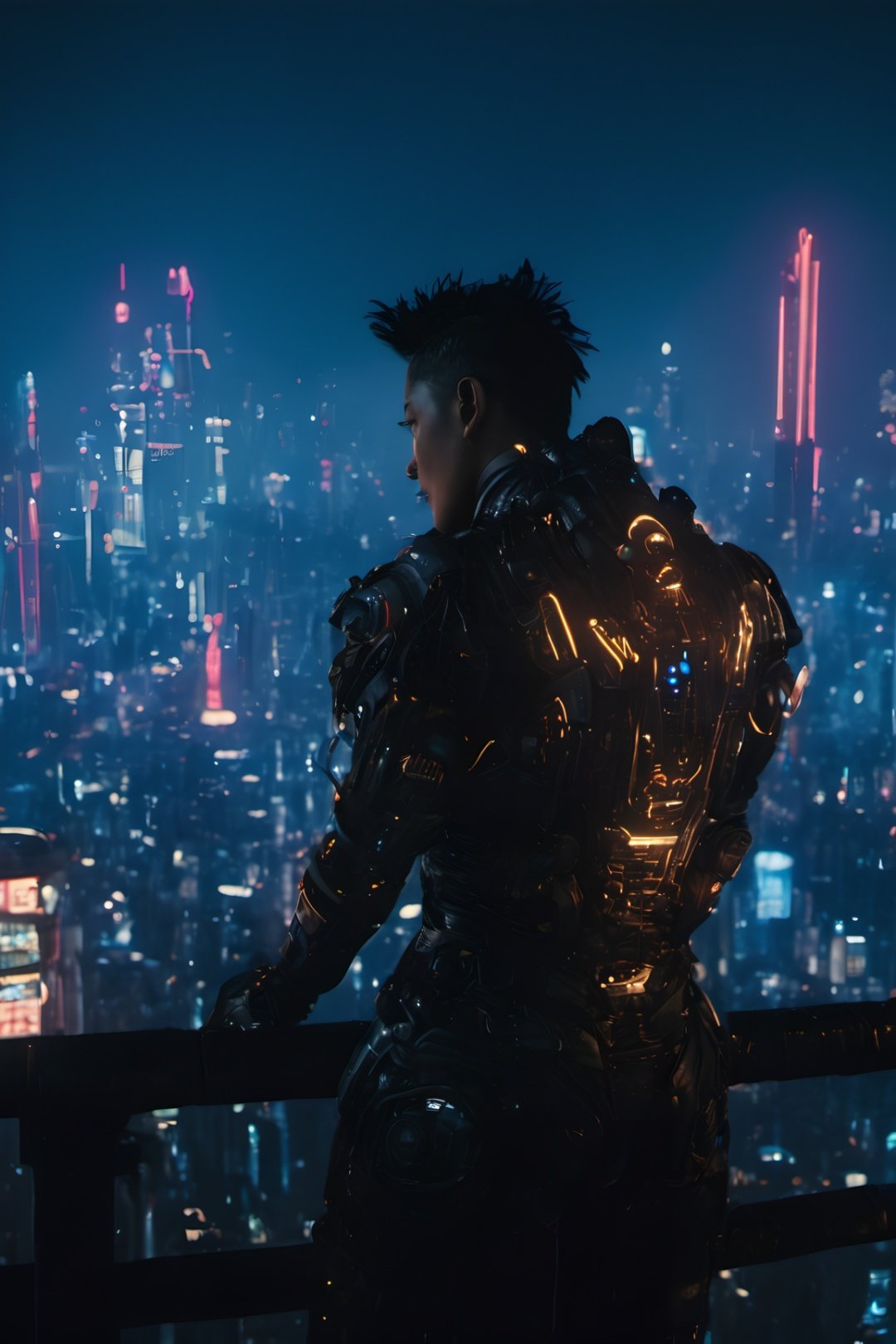 top of bulding, night city, watching city, cyperpunk style, neon lighting, buildings, cyborg style,HZ Steampunk,cyborg style,cyborg,Movie Still,Film Still