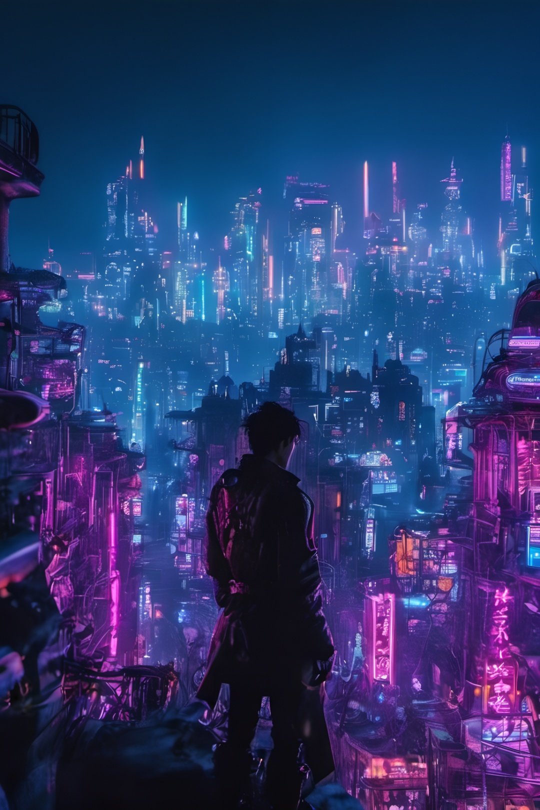 top of bulding, night city, watching city, cyperpunk style, neon lighting, buildings, cyborg style,HZ Steampunk,cyborg style,cyborg,Movie Still,Film Still